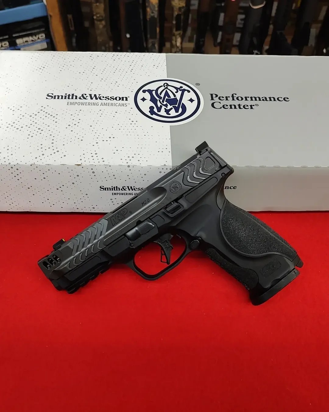 Smith and Wesson M&P9 M2.0 Metal Grey 9mm handgun in front of factory box